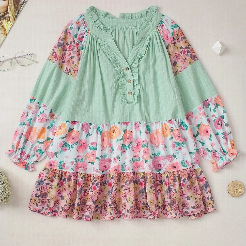 Green Printed Floral Patchwork Frilled Split
Neck Blouse Bohemian Top - Picture 6 of 16